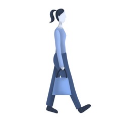 Urban monochrom illustration. Pictogram style. Girl wearing classic blue with shopping bag. 
