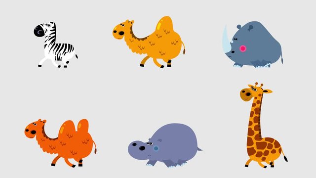 6 cartoon  flat design children animation walking cycle of African animals. Alpha channel included. Cute 2d hand made zebra, giraffe, rhino, hippo and camels character animation good for any use. 
