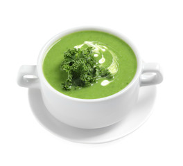 Tasty kale soup with cream isolated on white