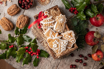 Christmas gingerbread cookies in a wooden box, top view