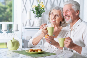 Portrait of happy senior couple portrait drinking tea