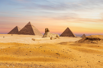Giza desert, view on the Great Sphinx and the Pyramids, Egypt