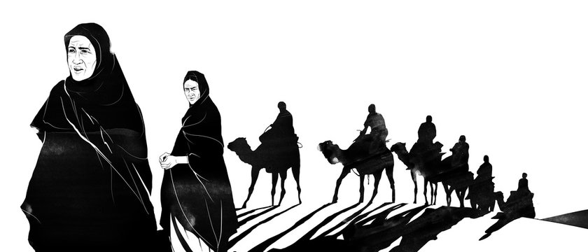 Arab women and camel caravan in desert
