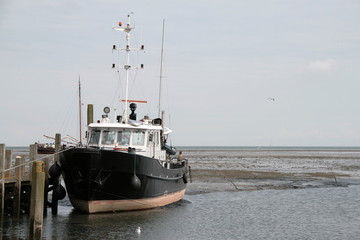 Naklejka premium Ein Schiff der Ostsee liegt bei Ebbe am Kai im Watt