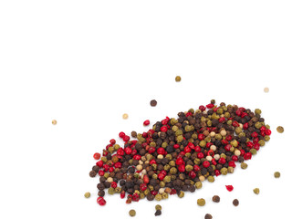 Fototapeta premium Mixed of peppers hot, red, black, white and green pepper isolated on white background. Top view