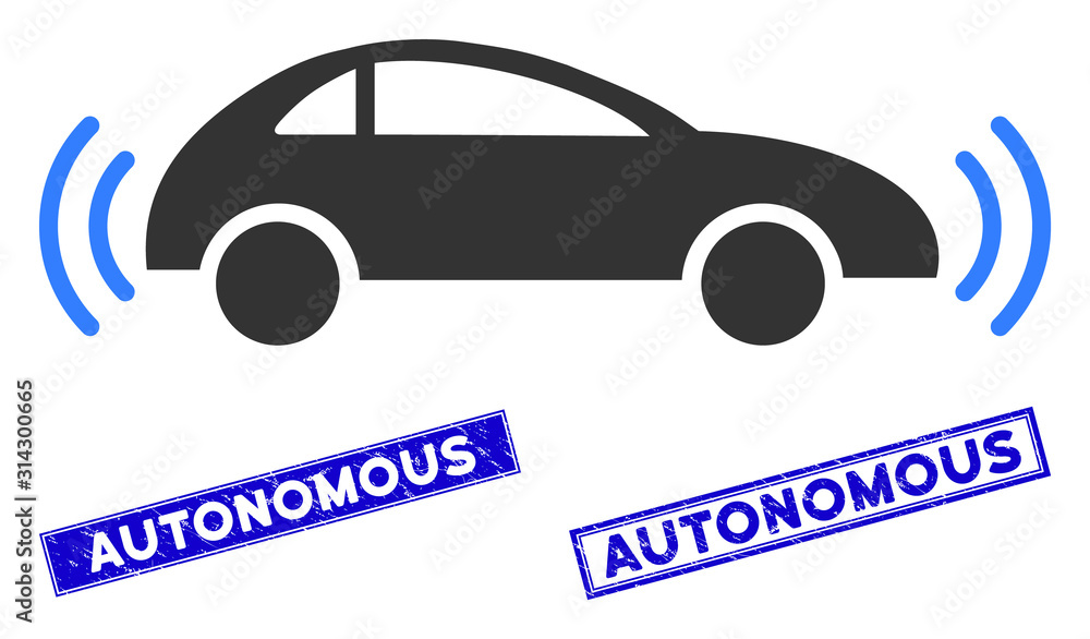 Poster flat vector autonomous car icon and rectangular autonomous rubber prints. a simple illustration icon