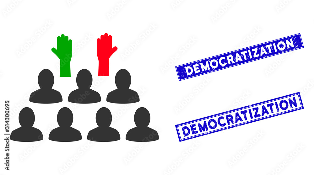 Poster flat vector democratization icon and rectangular democratization seal stamps. a simple illustration 