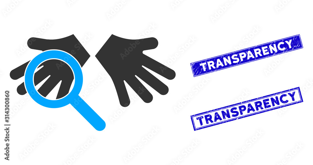 Poster flat vector hands tranparency pictogram and rectangular transparency seal stamps. a simple illustrat