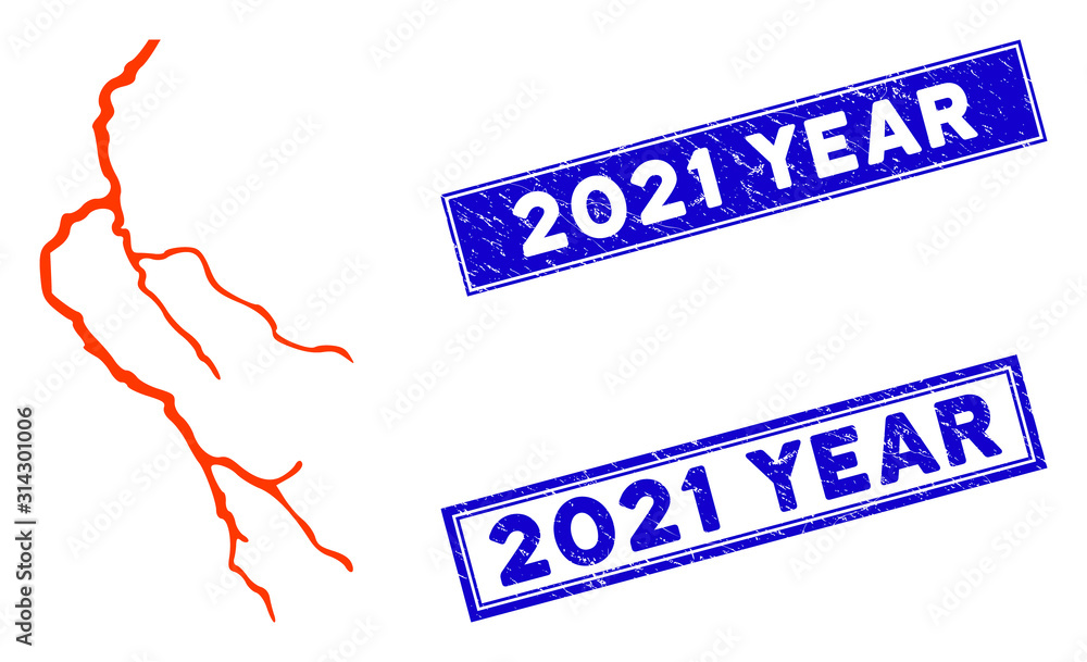Poster flat vector lightning pictogram and rectangle 2021 year seals. a simple illustration iconic design o