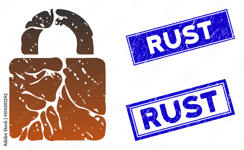 Aufkleber flat vector rust lock icon and rectangular rust rubber prints. a simple illustration iconic design o