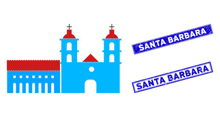 Flat vector Santa Barbara mission icon and rectangle Santa Barbara stamps. A simple illustration iconic design of Santa Barbara Mission on a white background.