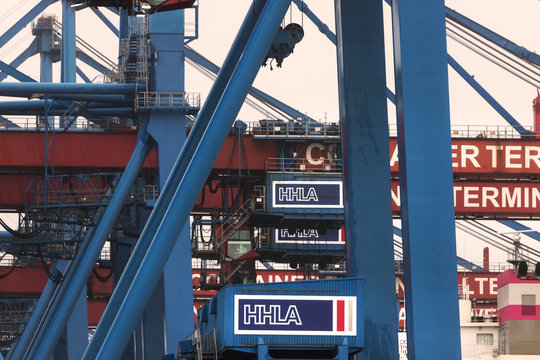 hamburg, hamburg/germany - 03 01 2020: hhla sign on an container terminal in hamburg germany
