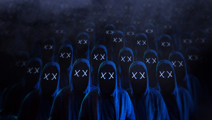 Masked hackers army. Dangerous hooded group of hackers. Internet, cyber crime, cyber attack, system breaking and malware concept. Dark face. Anonymous.