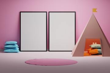 Kids children room interior with two empty blank frames standing in pink colored interior with wigwam playhouse © dariaren