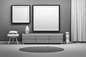 Black nad white presentation mockup interior with two large and small square empty blank frames, cabinet, stool, pillows