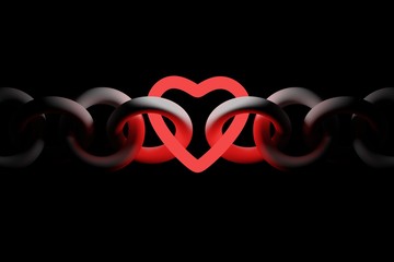 Glowing red heart with chain elements on black background