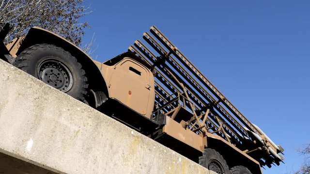 Under Russian Katyusha rocket launcher slow tilt 4K footage