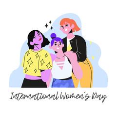 Greeting post card dedicated to international women's day. 8 of march vector illustration with different cute girls supporting each other. Happy, smiling women cartoon character in flat trendy style.