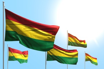 beautiful 5 flags of Bolivia are waving on blue sky background - any feast flag 3d illustration..
