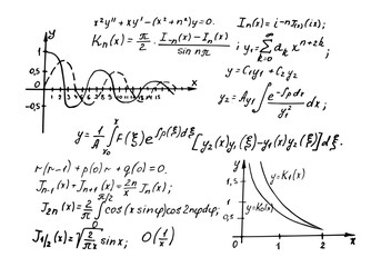Physical and mathematical equations and formulas on a whiteboard. Vintage educational and science vector background.