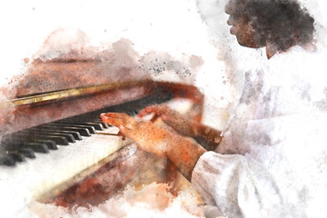 Abstract beautiful hand playing keyboard of the piano foreground Watercolor painting background and Digital illustration brush to art.