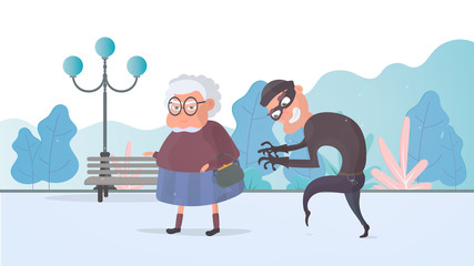 Thief and Senior Woman. The thief stole a handbag from an old woman. The concept of fraud, robbery. Robbery in the park. Cartoon flat vector illustration.