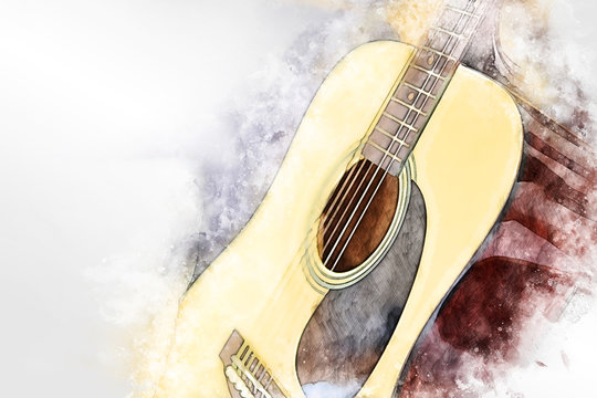 Abstract colorful Guitar in the foreground on Watercolor painting background and Digital illustration brush to art.