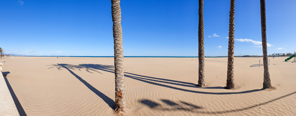 Panorama shot of a nearly empty beach with four palm trees and in the distance the port of Valencia, Spain