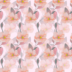 Watercolor flowers on pastel pink background seamless pattern.Pattern for fabric,invitations, wrapping paper, cards and other materials. Elegant botanical ornament.