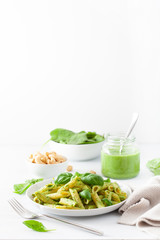 penne pasta with spinach basil pesto sauce