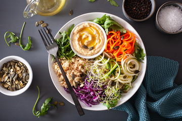 veggie couscous lunch bowl with spiralazed carrots and zucchini, hummus and red cabbage