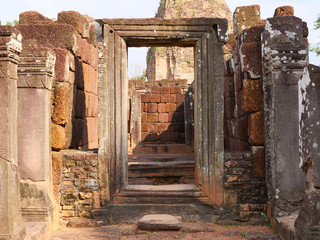 Stone rock door frame at Ancient buddhist khmer temple architecture ruin of Pre Rup in Angkor Wat...