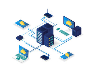 computer network management isometric illustration,server network management