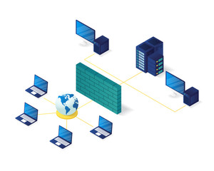 computer network management isometric illustration,server network management