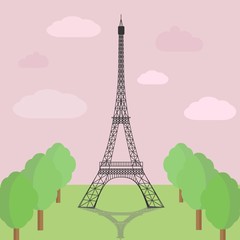 Fototapeta na wymiar A view of the Eiffel tower on a background of pink heaven. Vector Illustration.