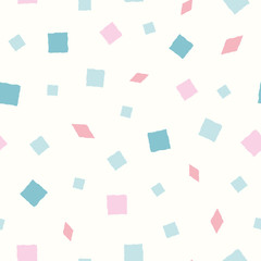 Fototapeta premium Vector hand drawn pink and blue squares and diamond shapes on pastel yellow background. Funky seamless pattern. Great for wellness, party, products, packaging stationery, home decor, texture