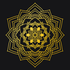 Abstract Petals Leaf Mandala Gold Line On Black Background. Vector Illustration