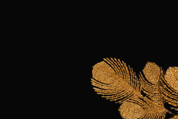 Golden decorative branch isolated on black background. Christmas backdrop. Celebration and party concept.