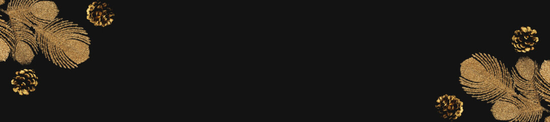 Golden decorative branch and  cone on black background. Christmas backdrop. Celebration and party concept.