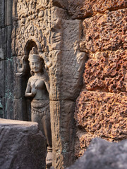 Fototapeta na wymiar Stone rock carving art at Ta Som temple in Angkor Wat complex, Siem Reap Cambodia.