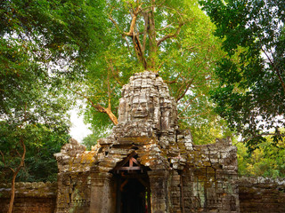 Stone rock architecture ruin at Ta Som temple in Angkor Wat complex, Siem Reap Cambodia.