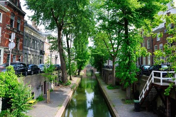 Beautiful canal view with trees on both sides in Utrecht, Netherlands