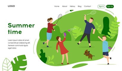 Happy Family Summer Vacation Landing Page Concept. Mother, Father, Daughter and Son are Playing Active Games Outdoor. Flat style. Vector Illustration