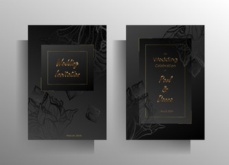 Set of wedding invitation templates. Simple, elegant design in black with hand-drawn floral elements and gold frames. Vector 10 EPS.