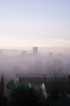 Foogy Day with houses and church