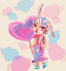 Greeting card for couple with a place for inscription. Cute watercolor illustrations for Valentine's Day.  Love, hearts, cute couples of rabbits. For cards, invitations