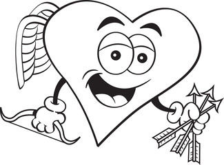 Black and white illustration of a heart cupid with a bow and holding arrows.