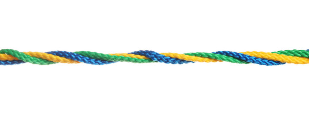 Twisted colorful ropes isolated on white. Unity concept