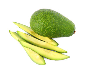 Tasty ripe avocados on white background, top view. Tropical fruit