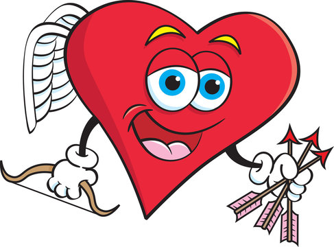 Cartoon illustration of a heart cupid with a bow and holding arrows.